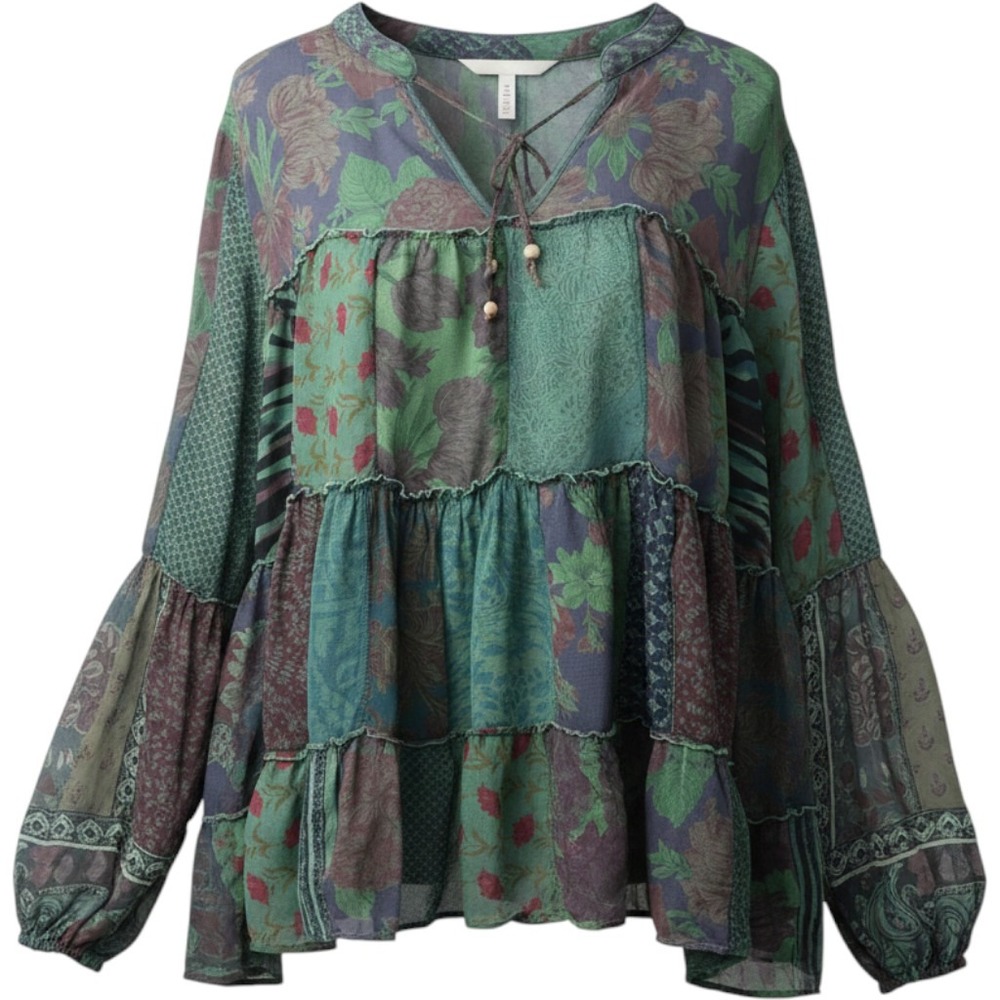 Young Threads Patchwork Peasant Top Forest Green Floral Tiered Boho Blouse XL